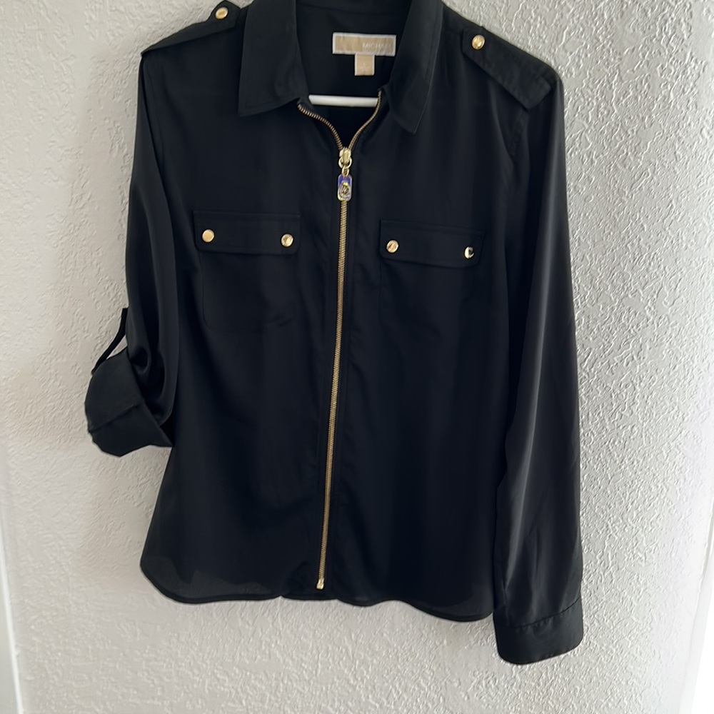 MICHEAL KORS Black Sheer Zip-Up Blouse